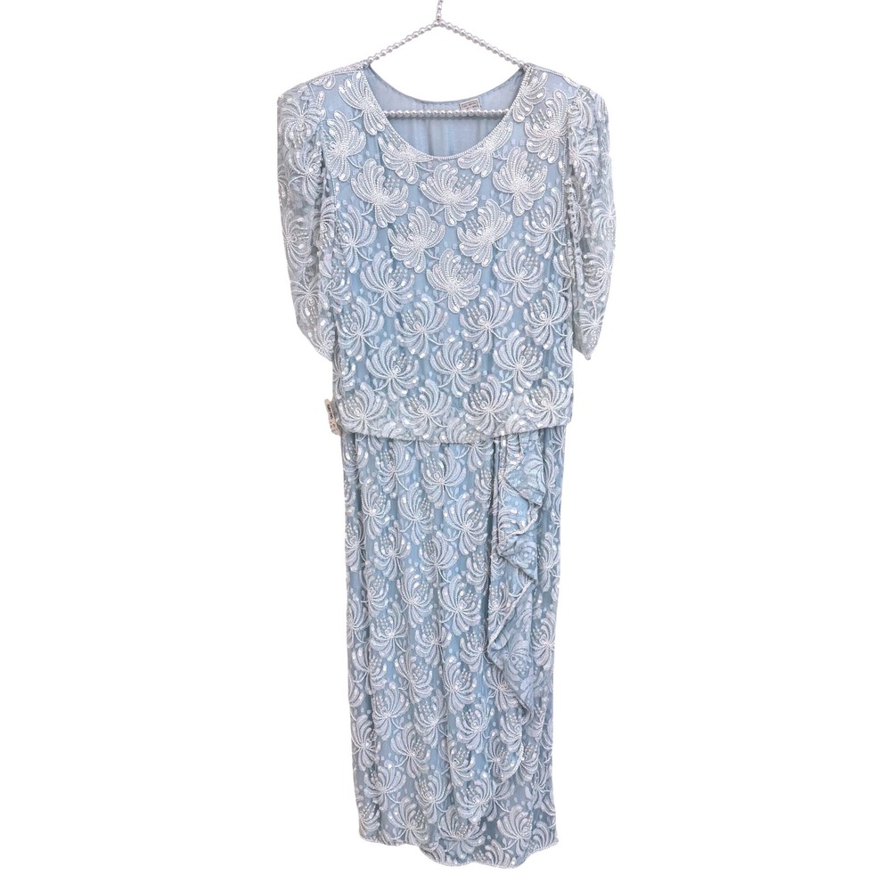 NWT Vintage 80s Beaded Sequin Dress M Blue Mother of the Bride Gatsby Cocktail